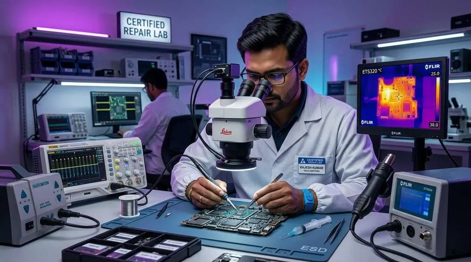 Motherboard chip-level repair lab with high-magnification stereomicroscope